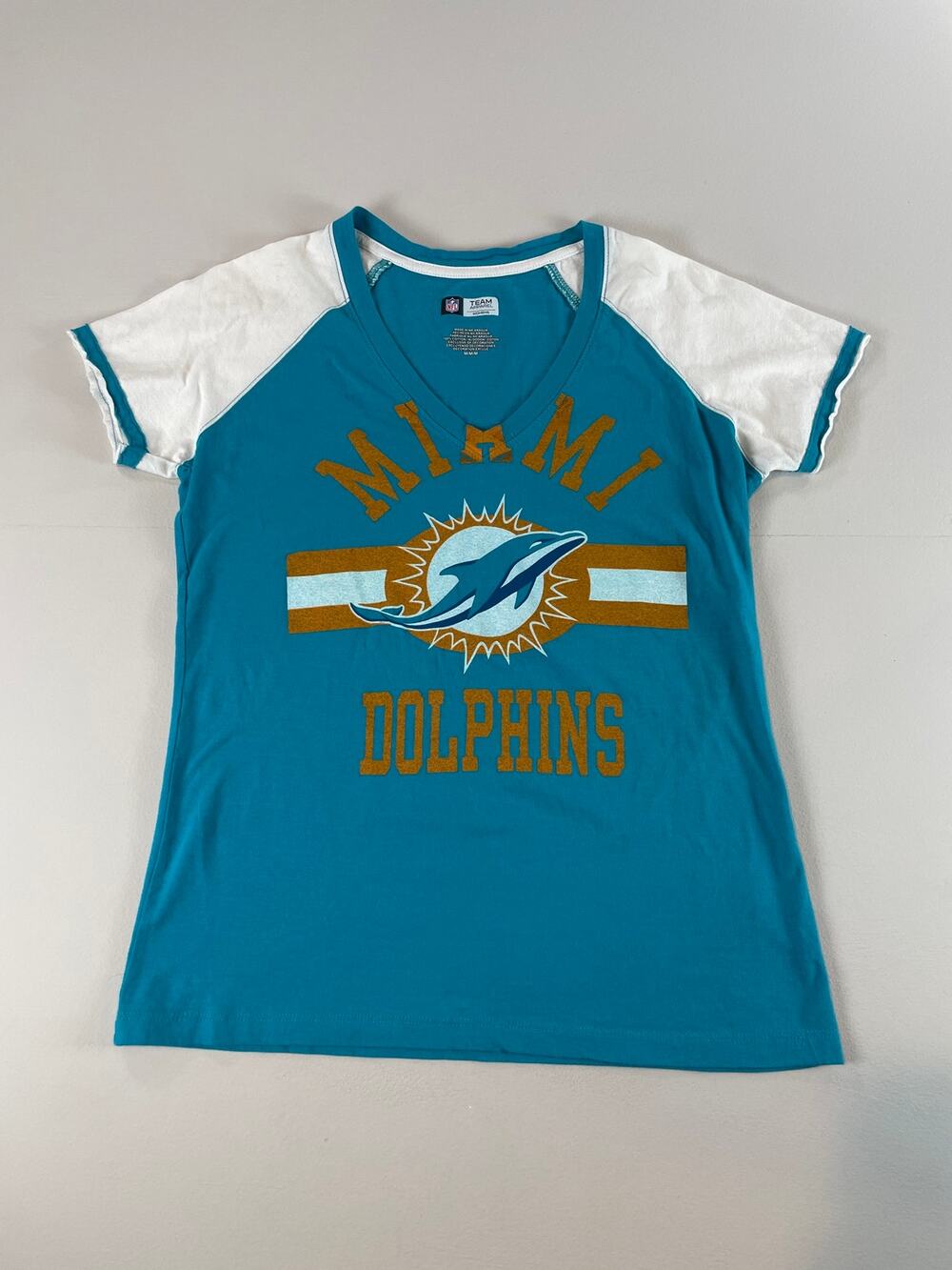 NFL Team Apparel Womens Turquoise Miami Dolphins V‑Neck Short Sleeve Tee Size M